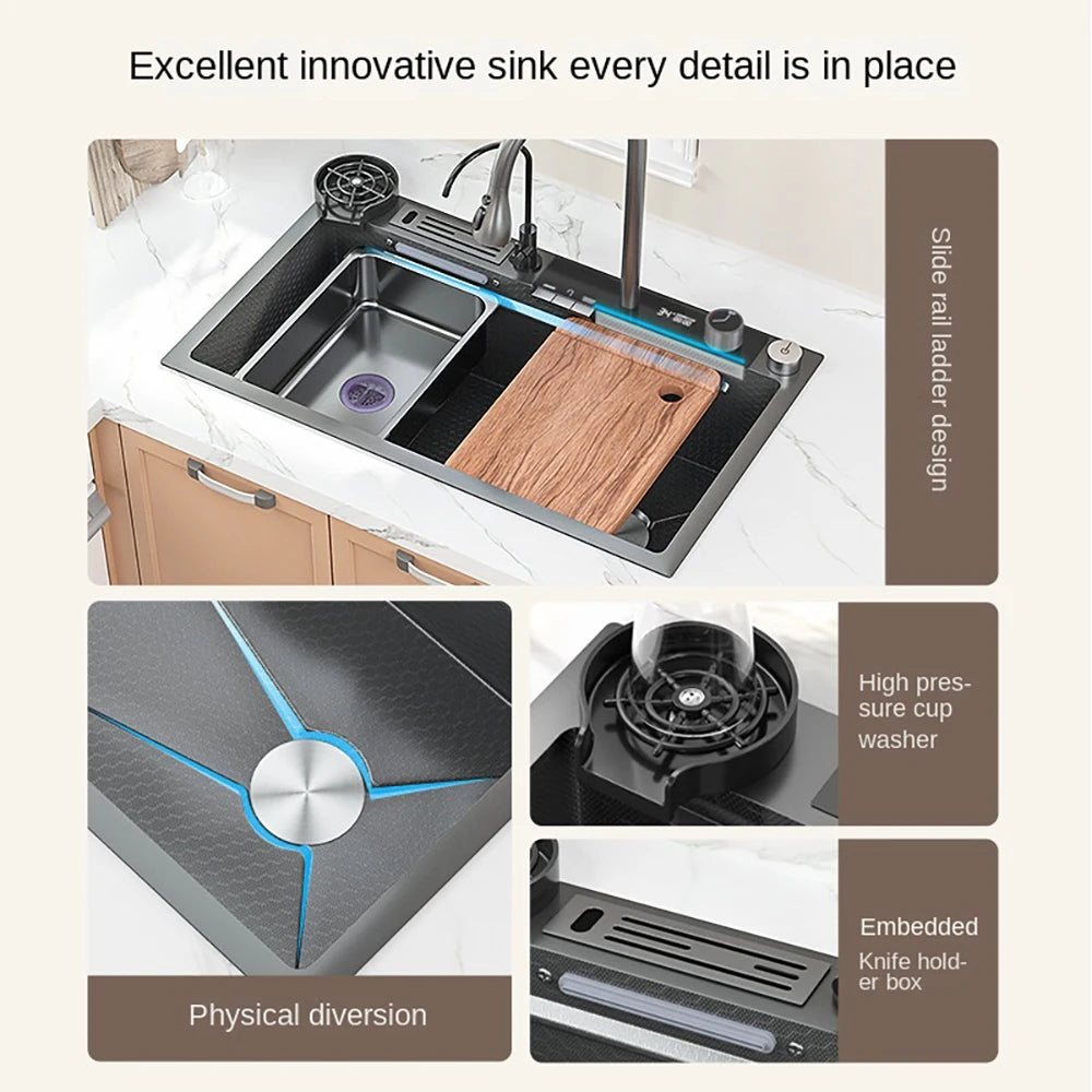 GoDesign BLACK SINGLE MULTI WATERFALL WASHBASIN KITCHEN SINK