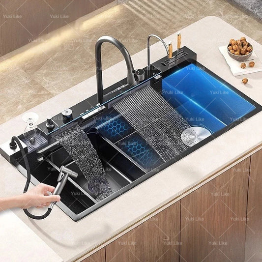 GoDesign BLACK SINGLE WATERFALL KITCHEN SINK