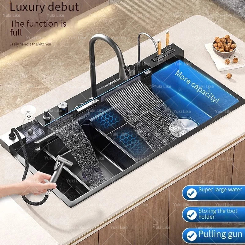 GoDesign BLACK SINGLE WATERFALL KITCHEN SINK
